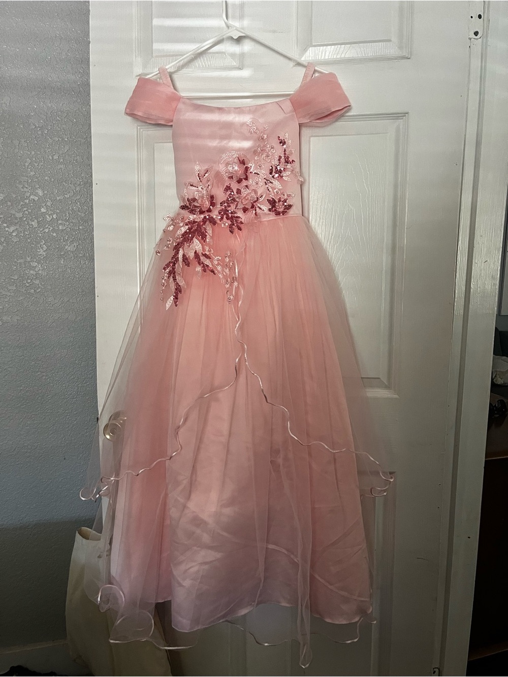 Pink Floral Embellished Girls' Tulle Party Dress